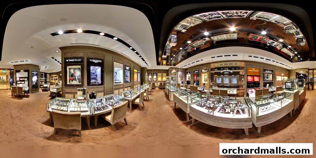 Interior view of a luxury watch store showcasing various brands and display cases.
