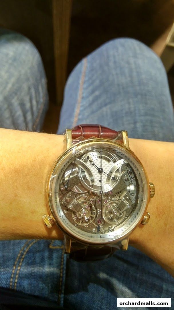A close-up of a person wearing a luxurious, intricate mechanical watch.