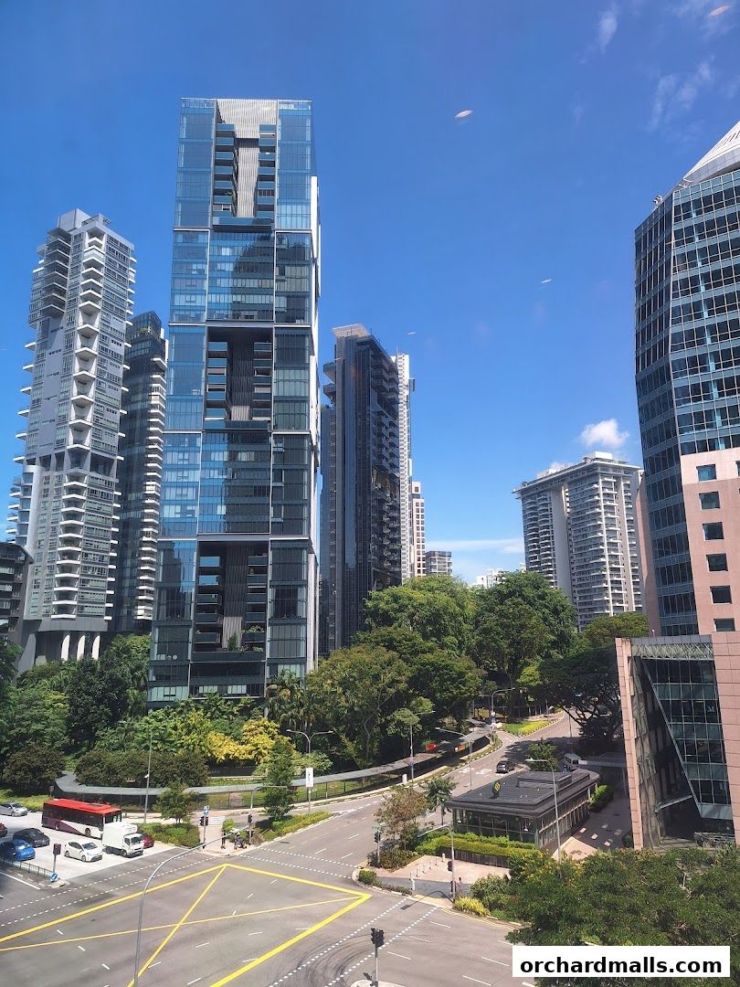 A cityscape view with modern skyscrapers and lush greenery under a clear blue sky.