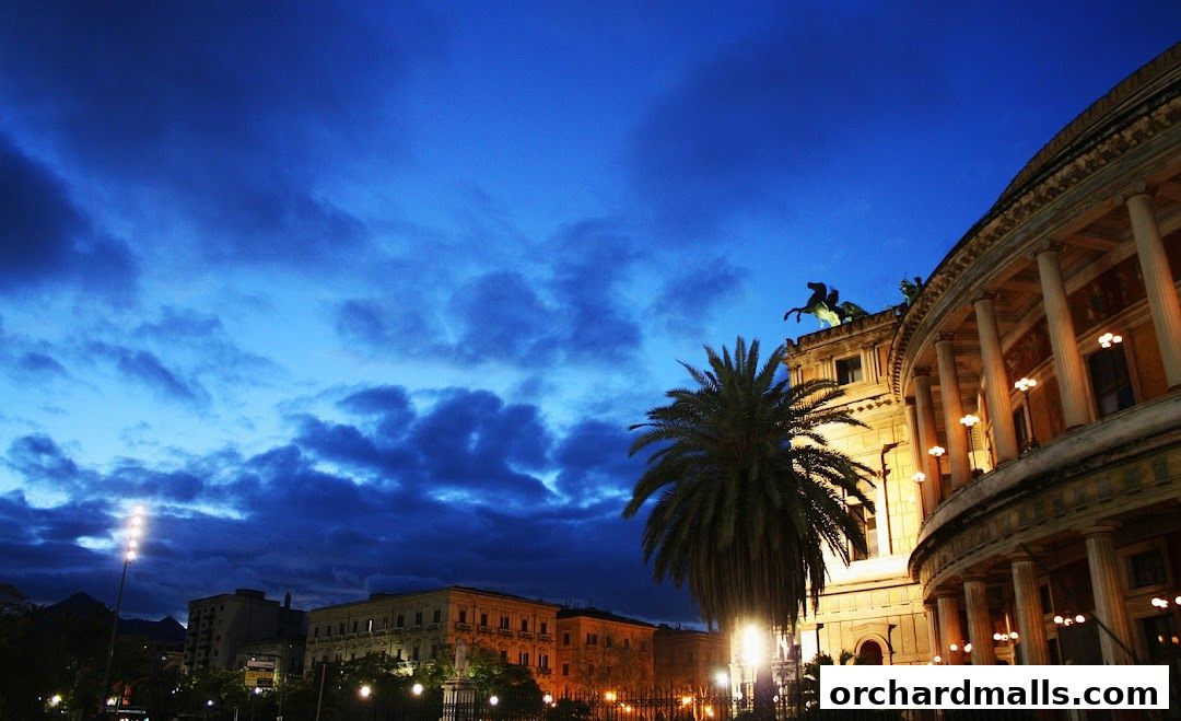 A grand building with columns and a palm tree under a dramatic twilight sky.