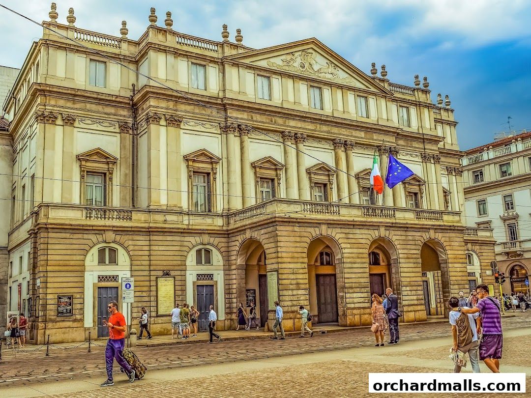 Exterior of a grand building with Italian and EU flags, people walking by.