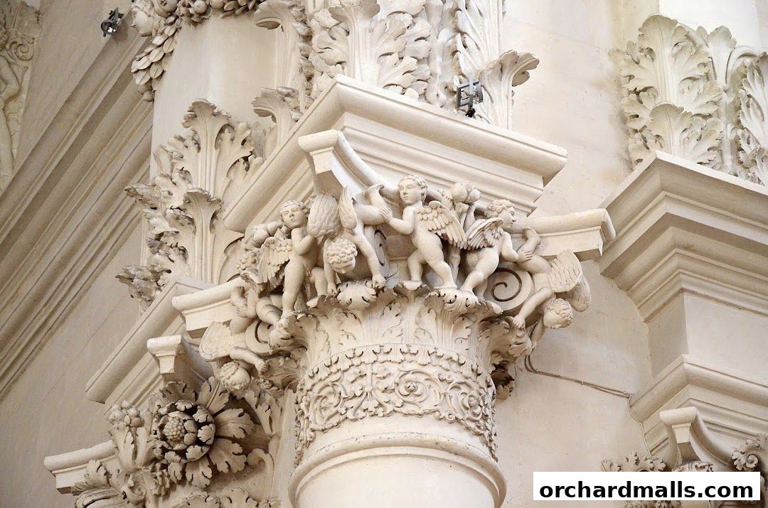 Intricate Baroque-style architectural detail with cherubs and floral motifs.