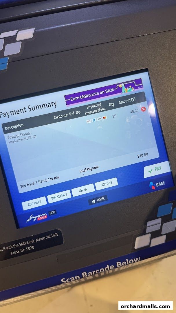 A payment summary screen on a Singapore Post kiosk showing postage stamps and a total payable amount.