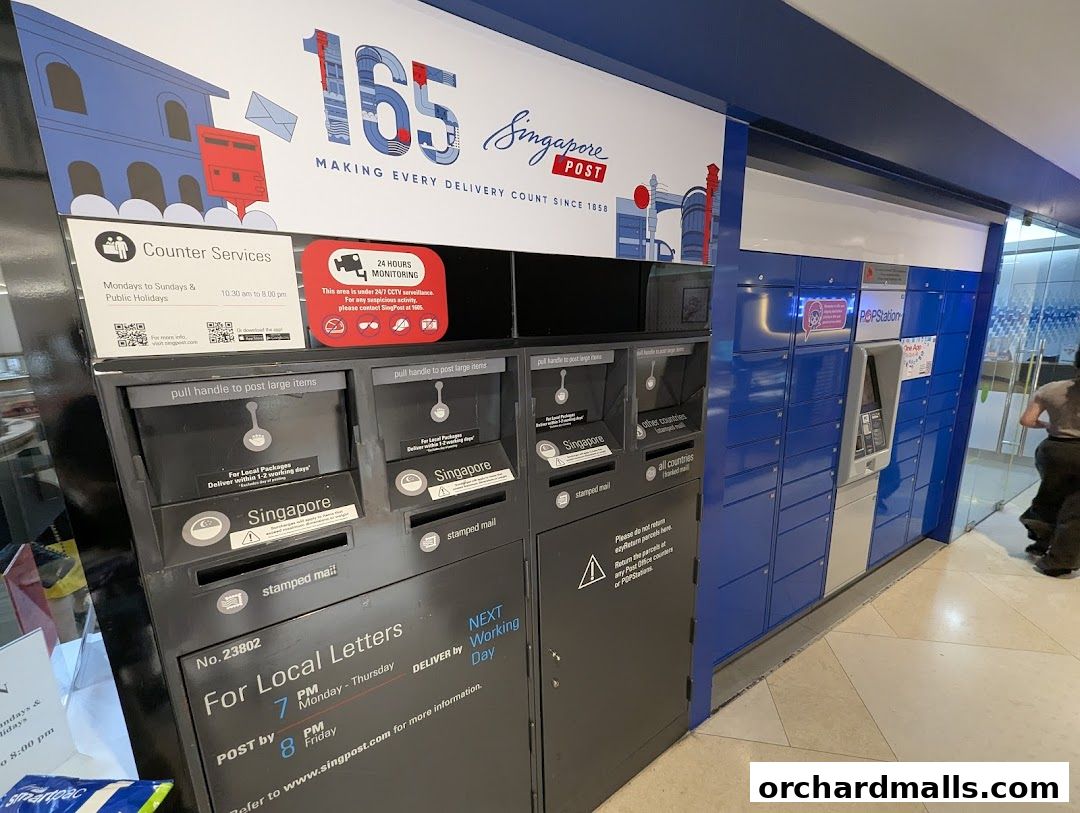Singapore Post branch with counter services and POPStation parcel lockers.