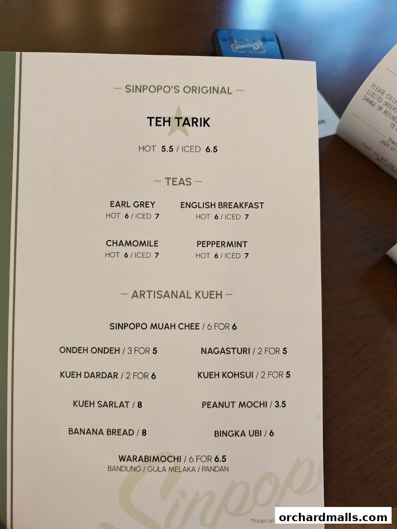 Menu page for Sinpopo Coffee at Scotts