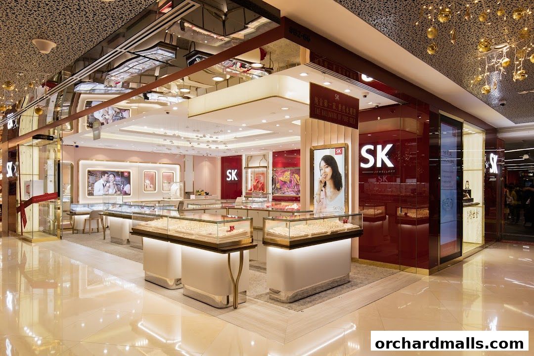 Interior view of a luxurious SK Jewellery store with display cases filled with jewelry.