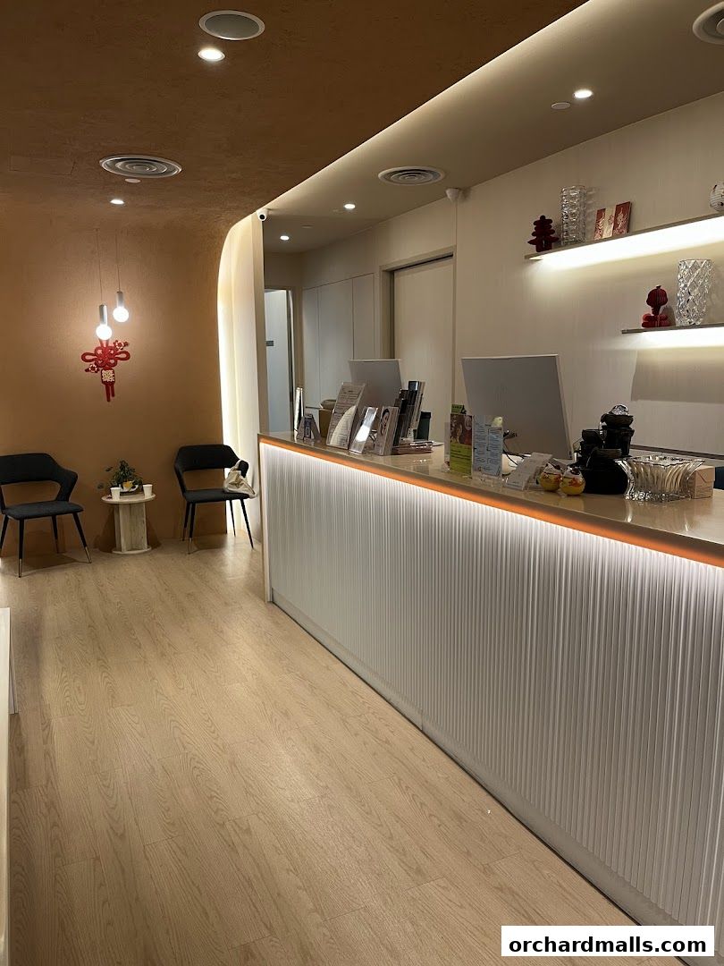 Interior view of SkinLab The Medical Spa's reception area with a modern counter and seating.