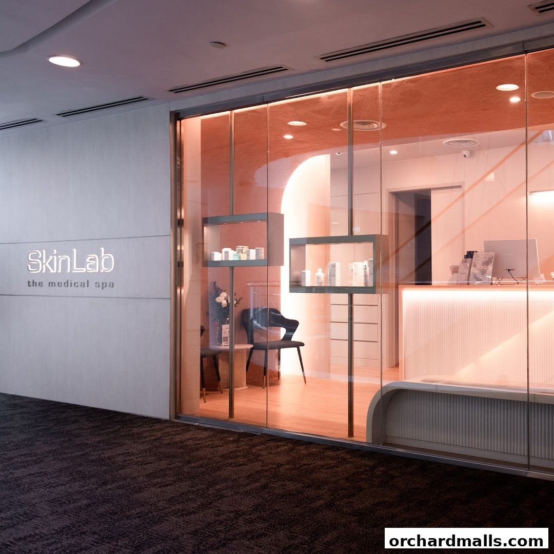 Exterior view of SkinLab The Medical Spa with products displayed in glass cases.