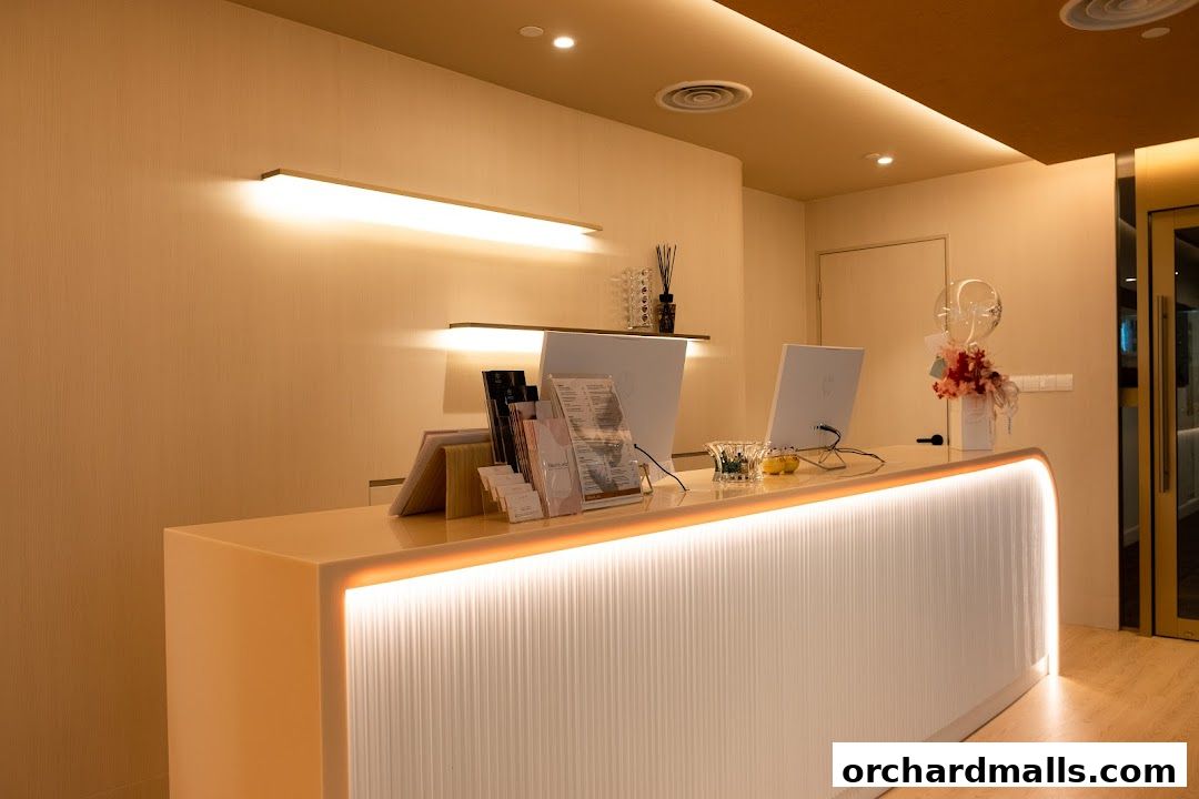 The reception desk of SkinLab The Medical Spa, featuring modern design and soft lighting.