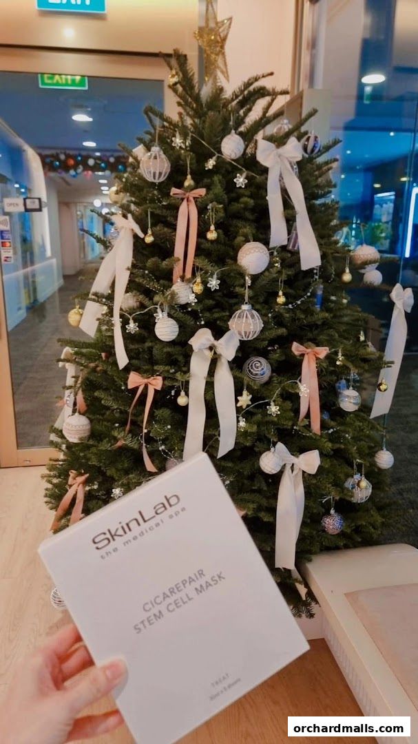 A hand holds a SkinLab product in front of a decorated Christmas tree.