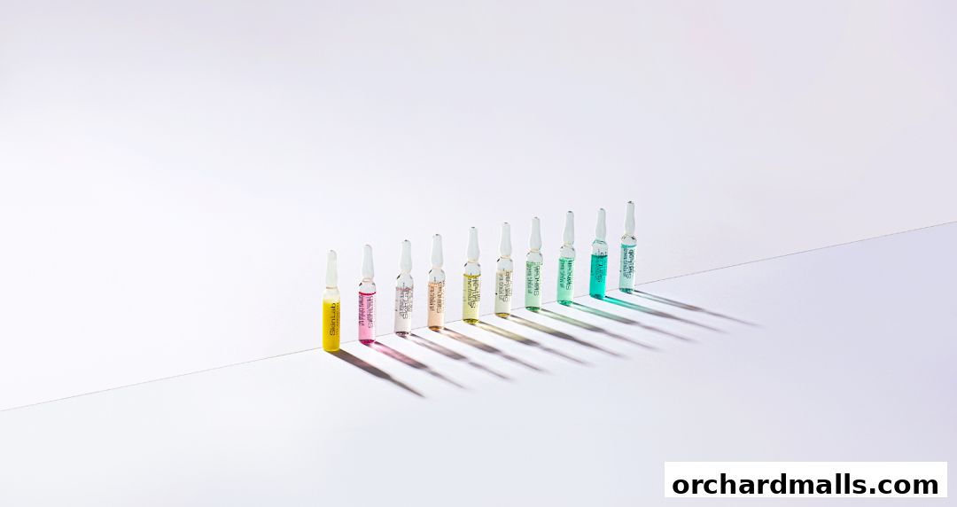 A row of colorful ampoules from SkinLab The Medical Spa, casting long shadows.
