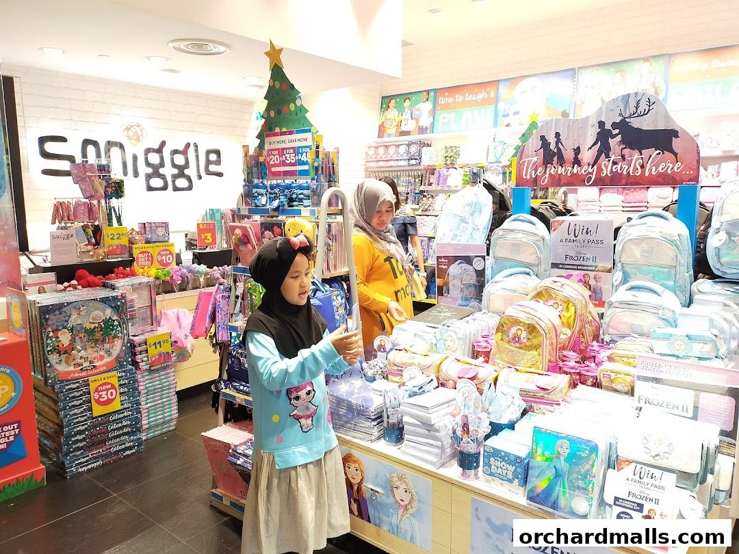 A Smiggle store interior showcasing colorful backpacks, stationery, and holiday-themed items.