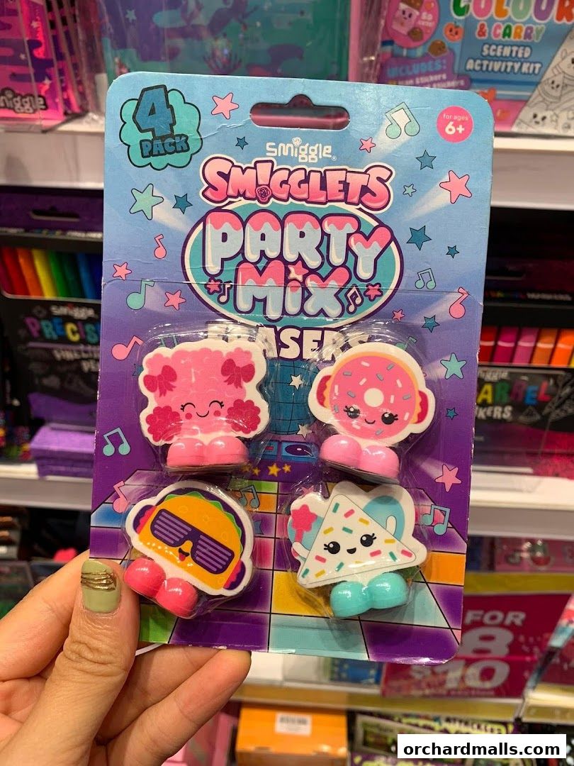 A hand holds a Smiggle Party Mix eraser set featuring four cute, character-themed erasers.