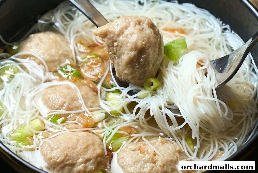 A close-up shot of a steaming bowl of noodle soup with large meatballs and chopped scallions.
