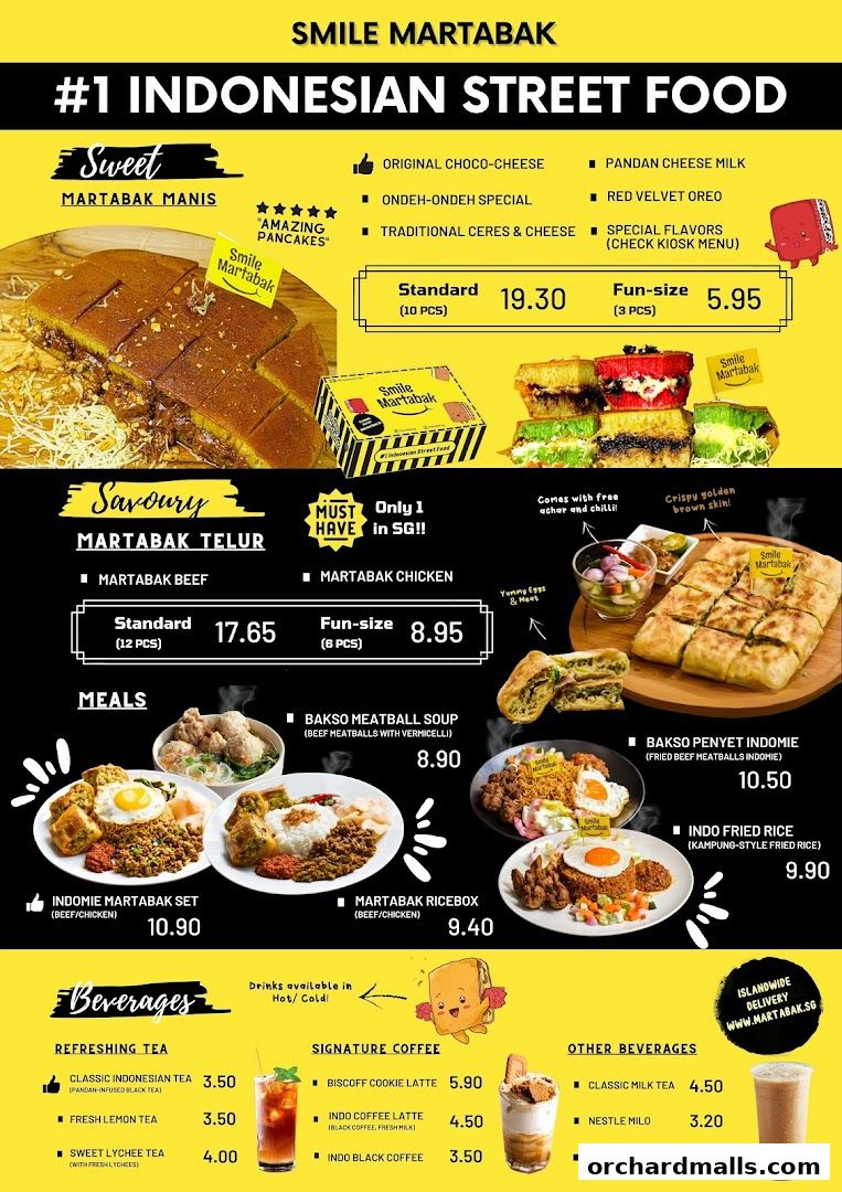 A vibrant menu showcasing various sweet and savory martabak, meals, and beverages from Smile Martabak.