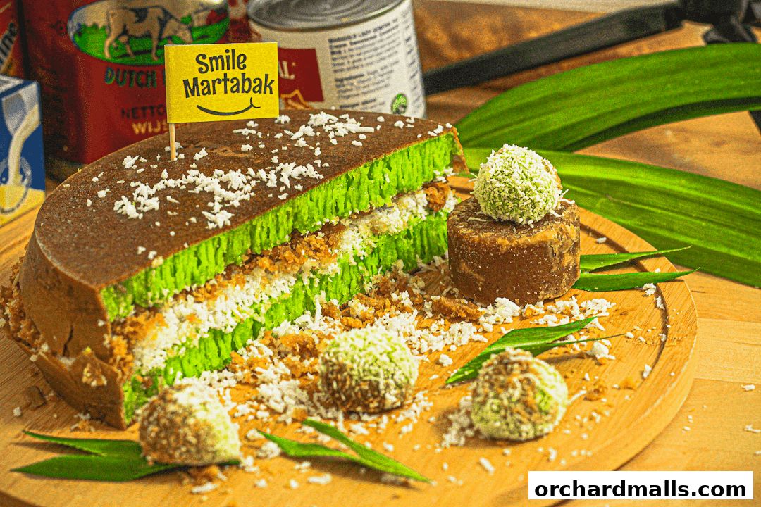A slice of martabak with coconut and pandan filling, garnished with shredded coconut.