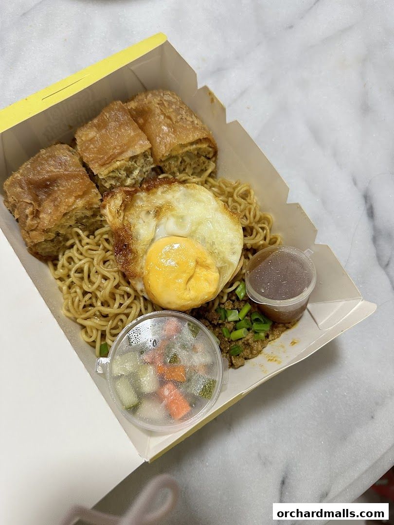 A takeaway box filled with noodles, fried egg, martabak pieces, and side dishes.