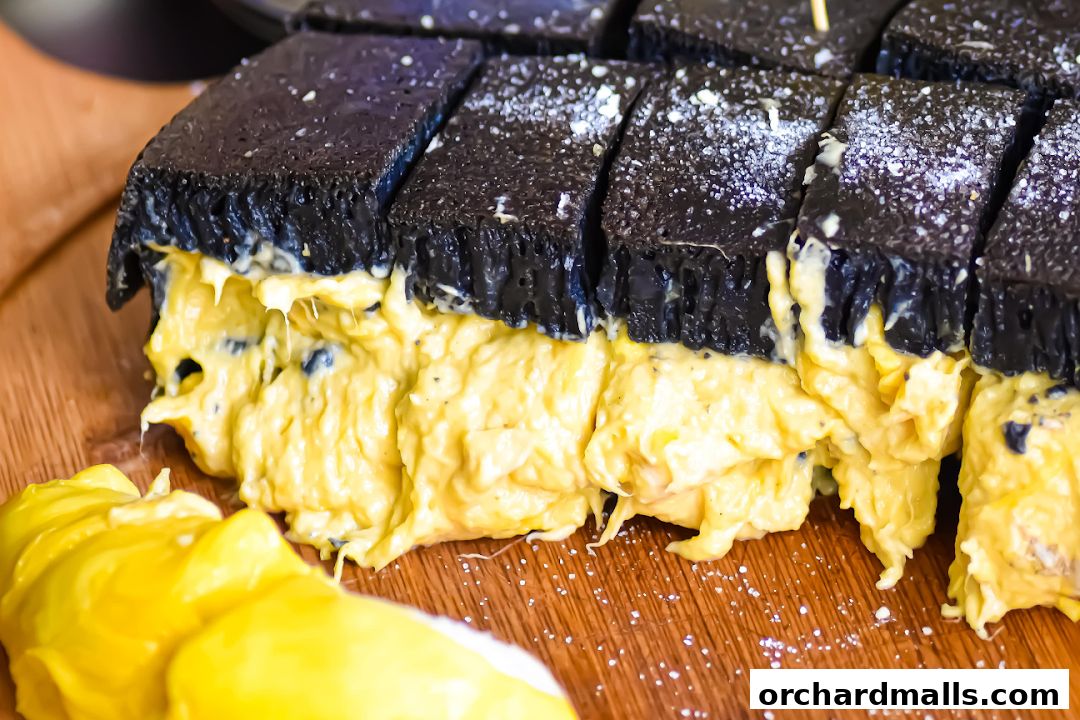 A close-up of a dark-colored martabak filled with creamy yellow custard, dusted with sugar.
