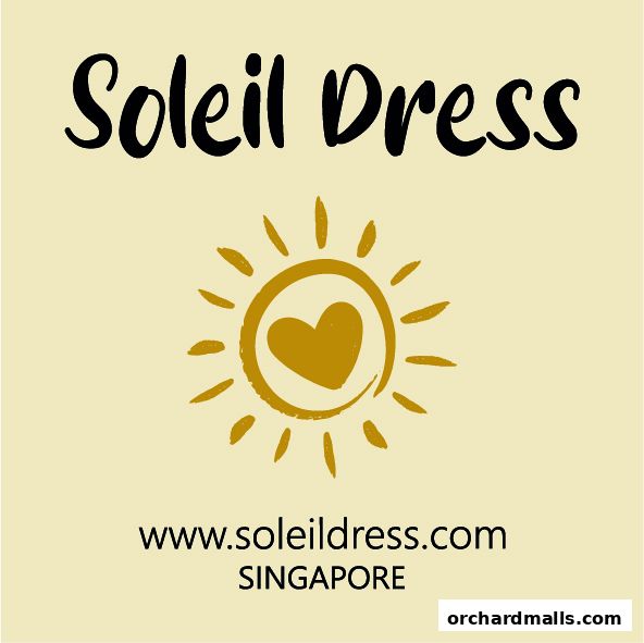 Soleil Dress logo with a sun and heart, website, and location.