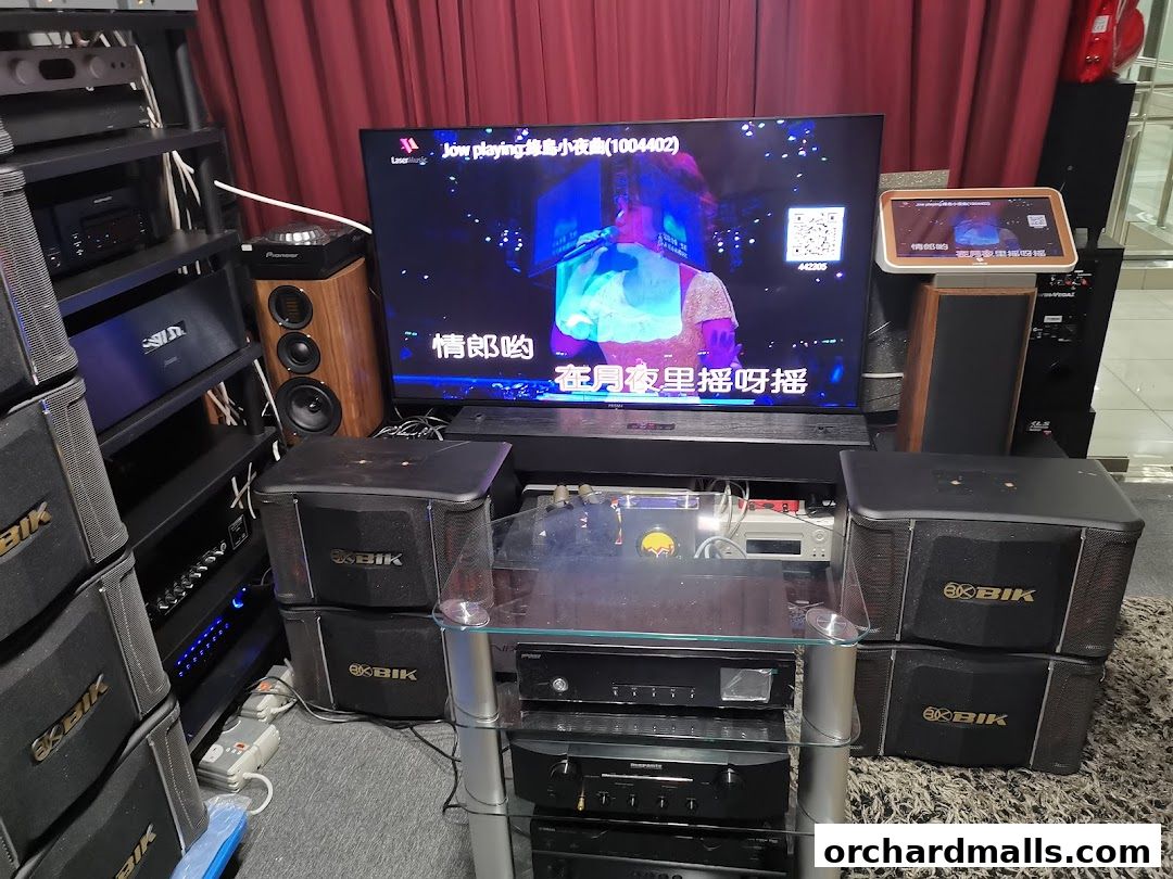 A display of audio equipment including speakers, a TV showing karaoke, and various electronic devices.