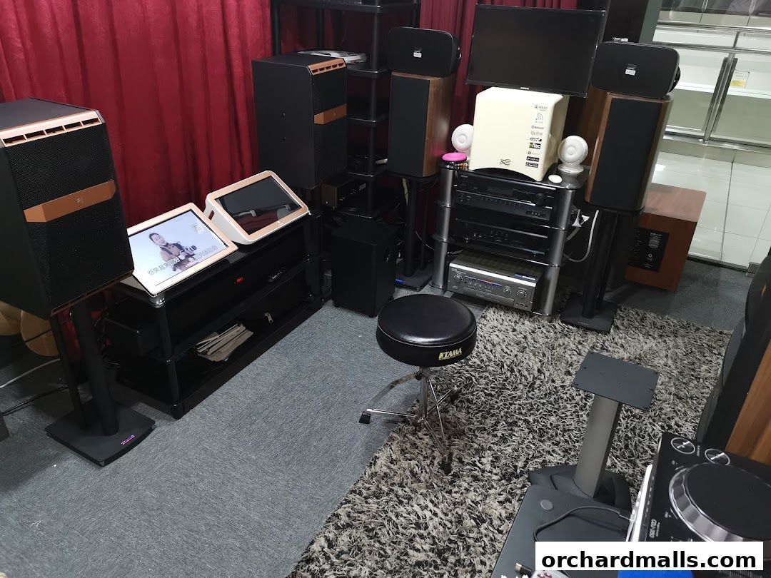 Interior of Sonic Sound Audio shop showcasing various audio equipment and speakers.