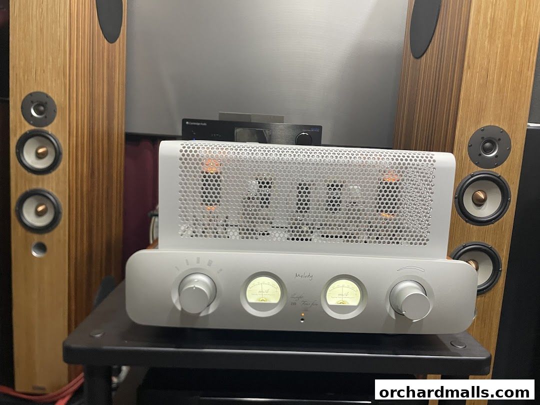 High-fidelity audio equipment including tube amplifier and wooden speakers.