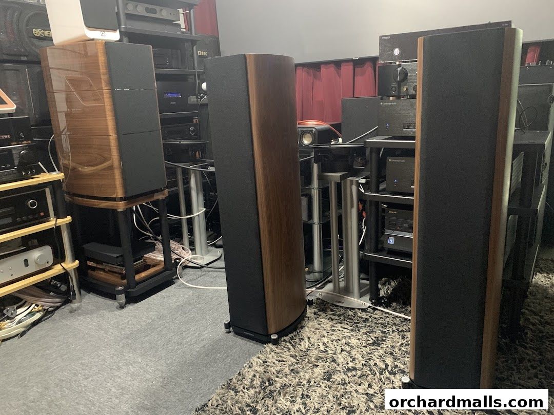High-fidelity audio equipment, including large floor-standing speakers and electronic components.