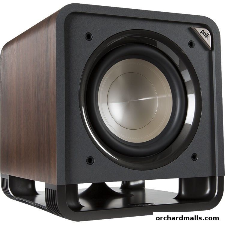 A close-up of a modern, dark wood and black subwoofer with a Polk logo.