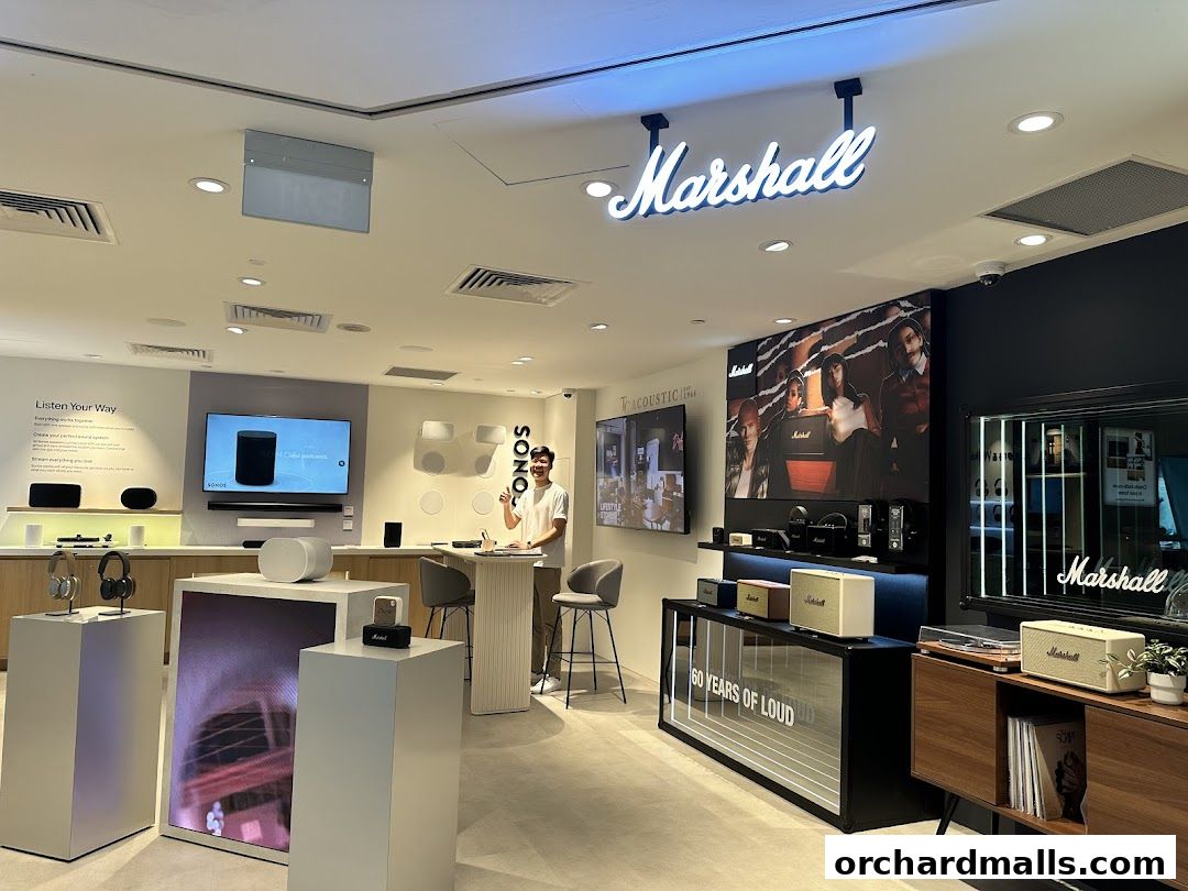 Interior of a modern audio store showcasing Sonos and Marshall products.