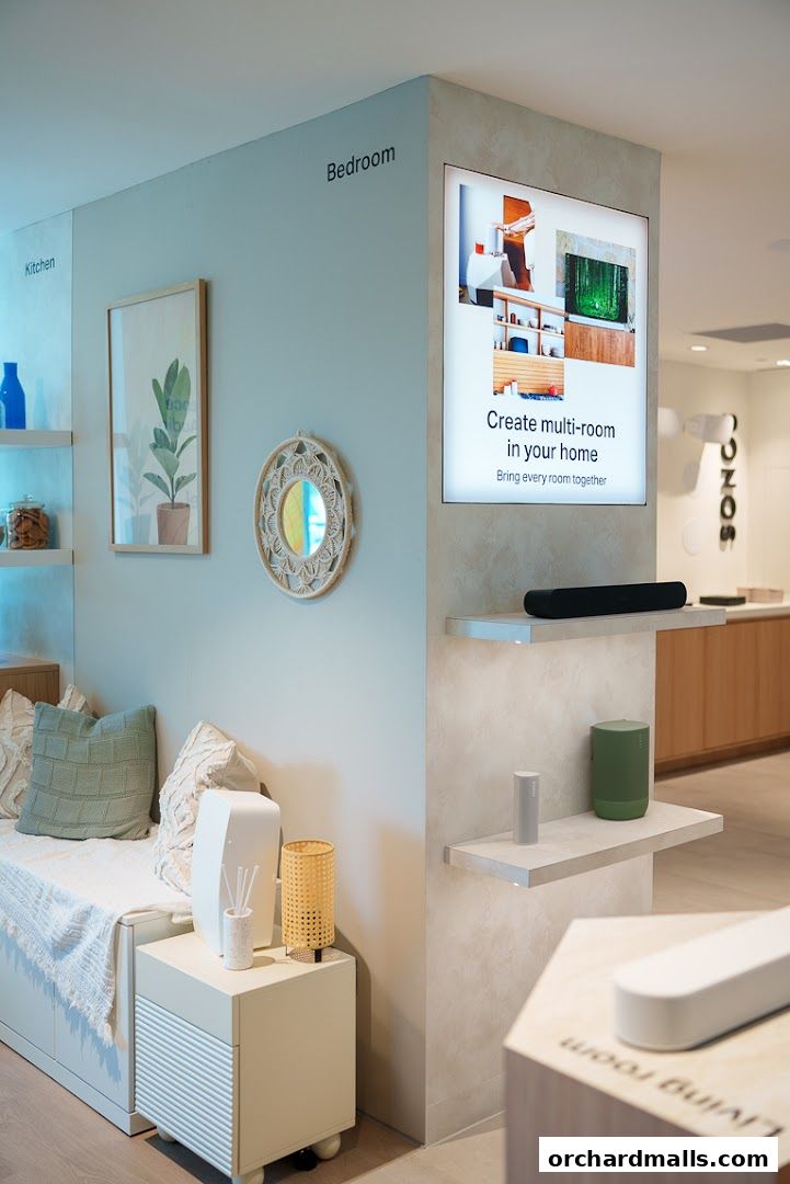 Interior of a Sonos store showcasing multi-room audio setups for different home areas.