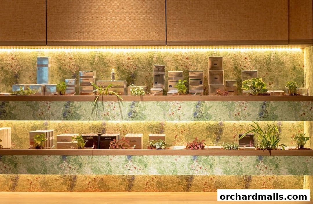 Shelves displaying skincare products and plants in a spa setting.