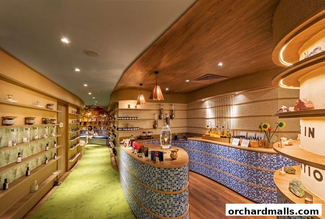 Interior of a spa shop with shelves of products and a curved counter.