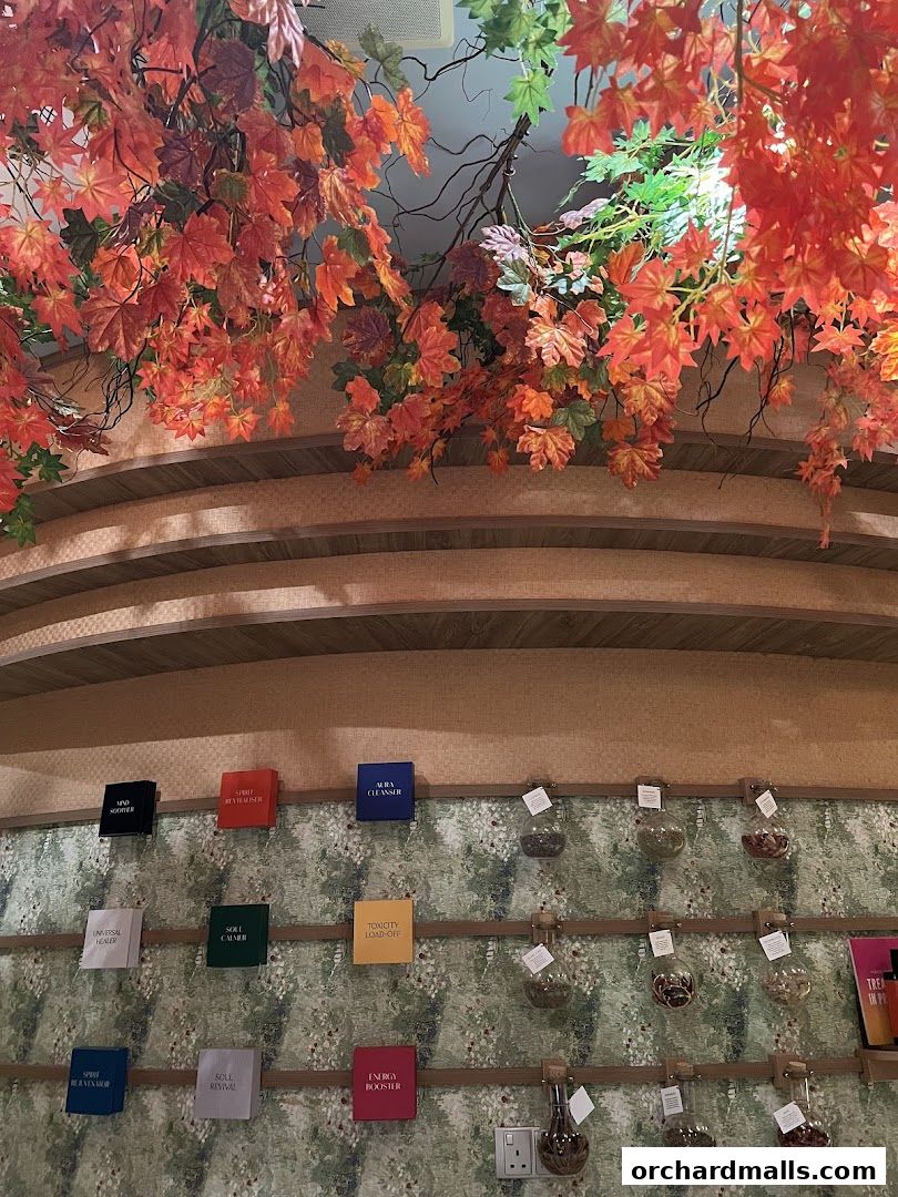 Interior of Spa Esprit Wheelock Place with decorative foliage and product displays.