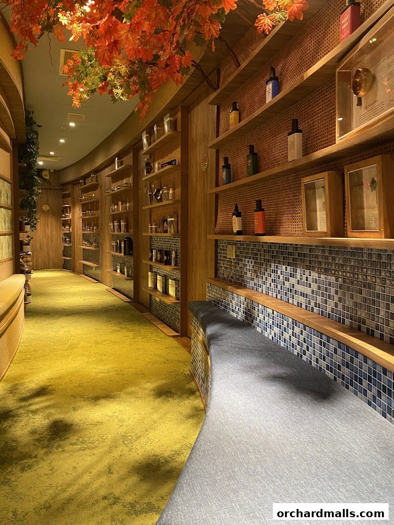 Interior of a spa with shelves displaying products and a yellow carpeted walkway.