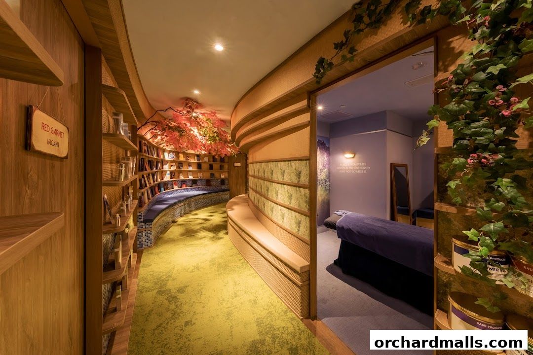 Interior of a spa with bookshelves, seating, and a treatment room.