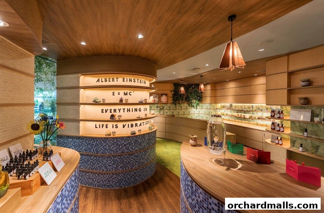 Interior view of a spa shop with shelves displaying products and inspirational quotes.
