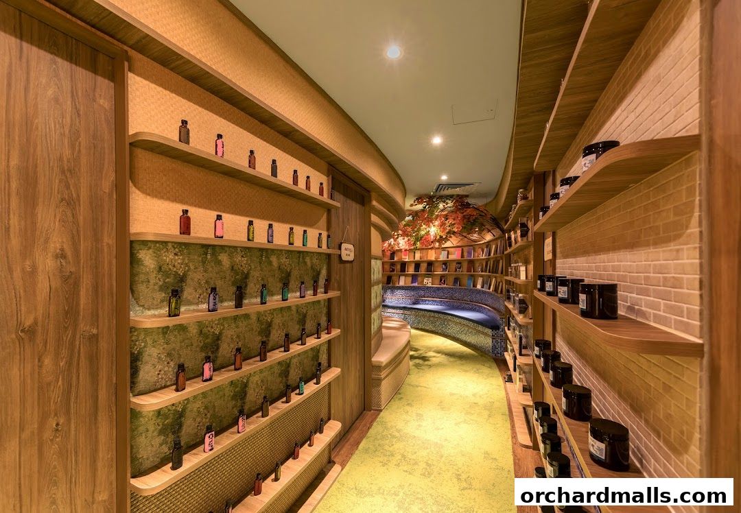 Interior of a spa with shelves displaying bottles and jars, and a curved seating area.