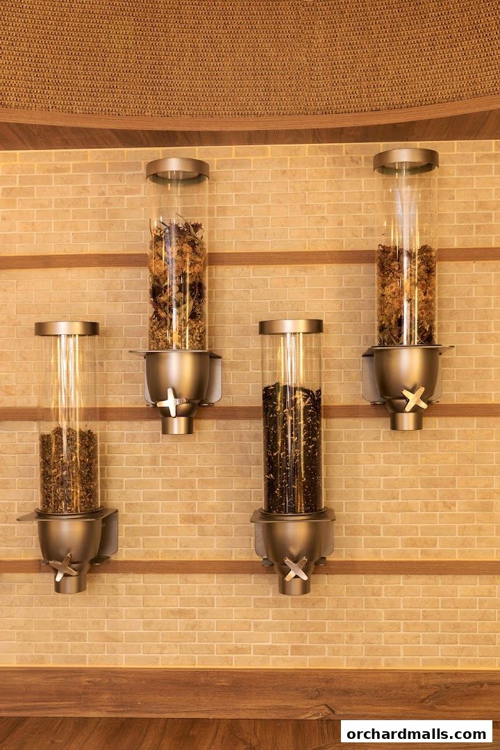 Four glass cylinders filled with dried herbs and botanicals mounted on a brick wall.