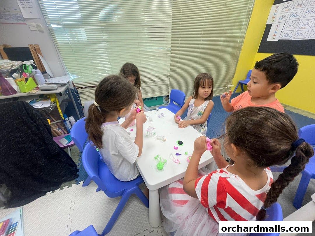 Children engaged in a creative activity at tables in a classroom setting.