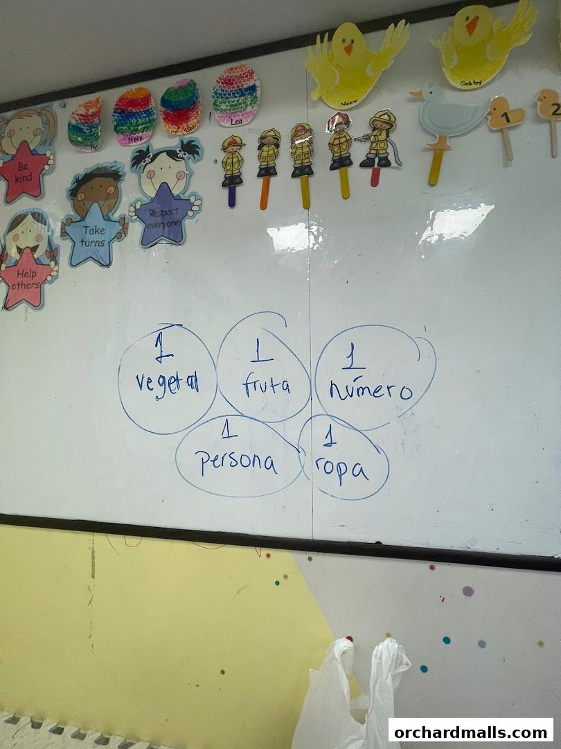 A whiteboard with Spanish vocabulary words and colorful decorations for children.