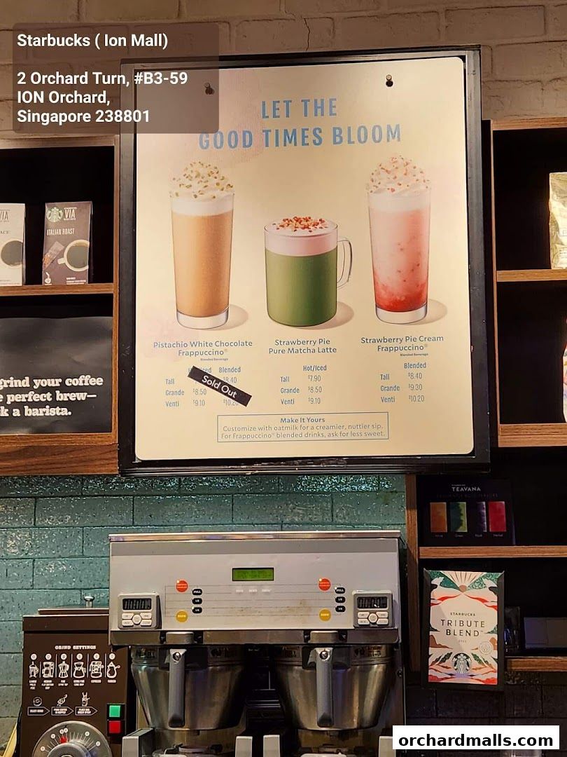 Starbucks menu board featuring three specialty drinks with prices and descriptions.