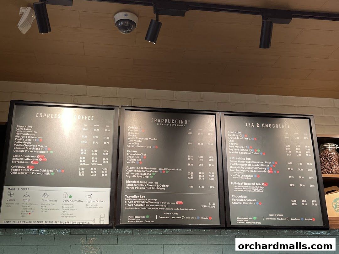 A Starbucks menu board displaying espresso, Frappuccino, and tea & chocolate beverages.