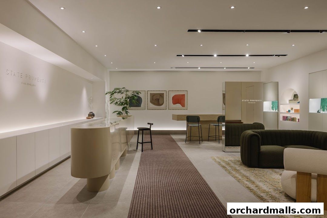 Interior of a modern jewelry store with a sleek counter, seating, and display cases.