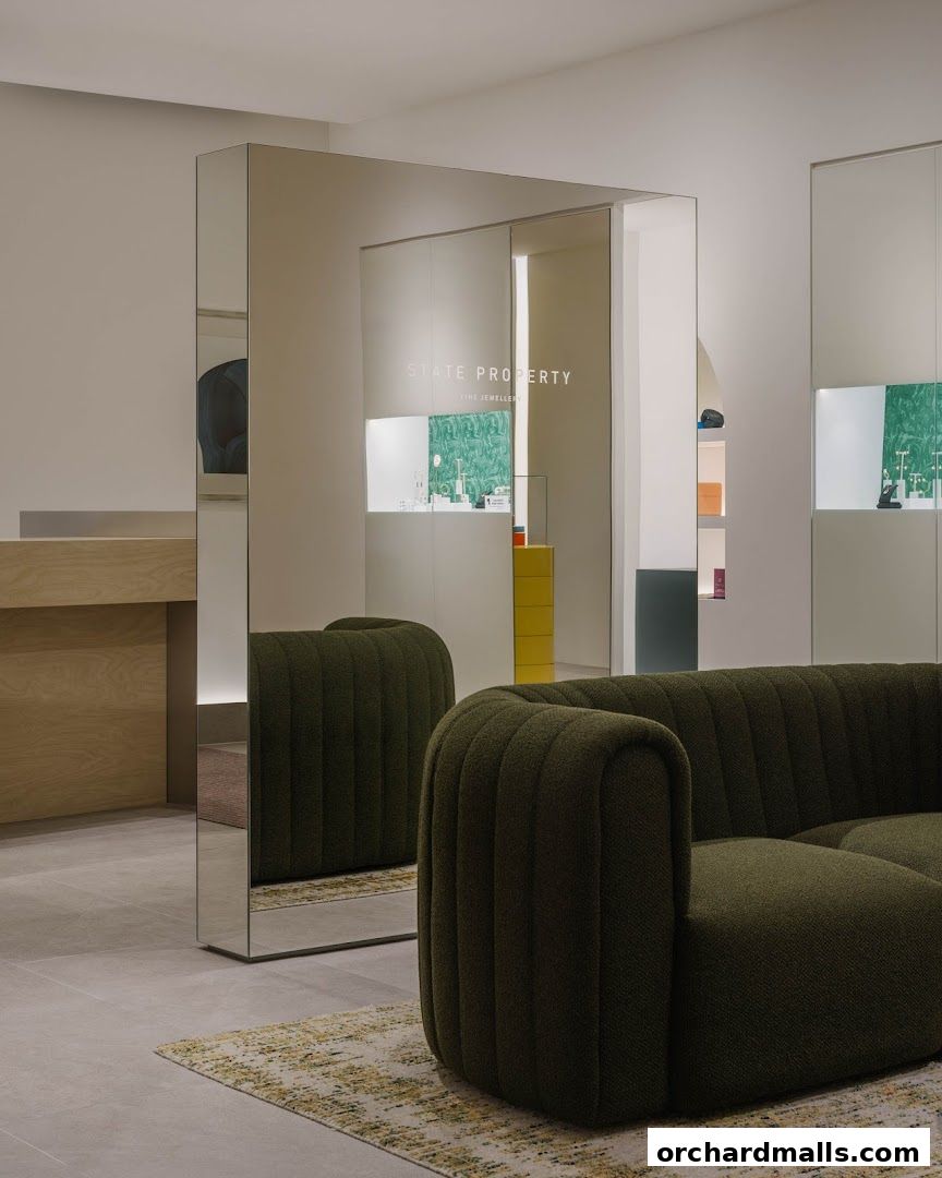 Interior of a modern jewelry store with a green sofa and mirrored displays.