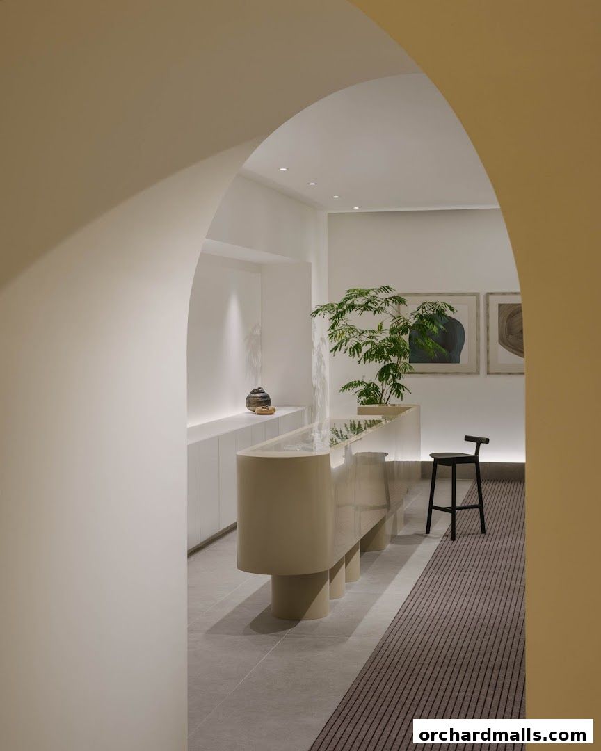 Interior view of a modern shop with a long counter, plants, and artwork.