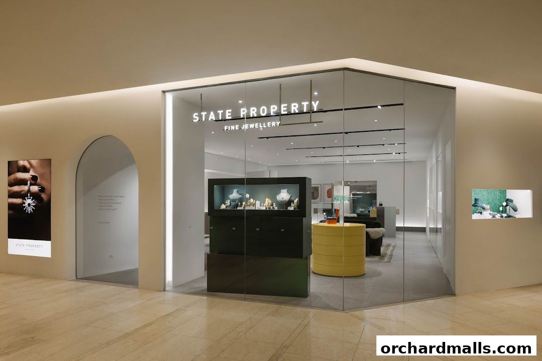 Exterior view of State Property Fine Jewellery shop with display cases and signage.