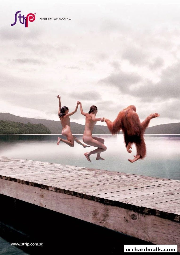 Two people and an orangutan jump into a lake from a wooden dock.