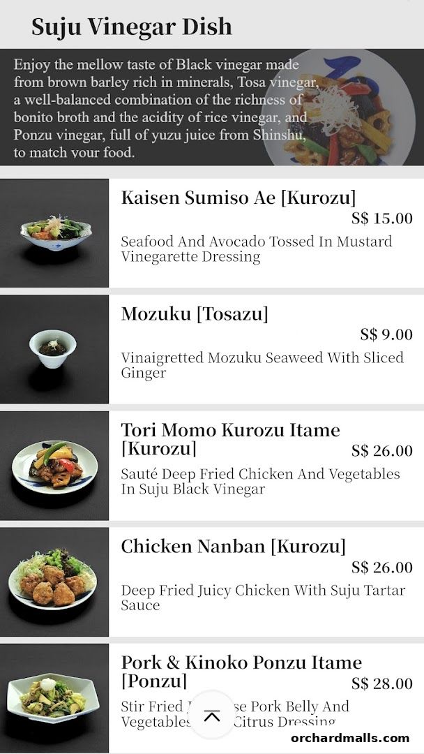 Menu page for Suju Masayuki Mandarin Gallery