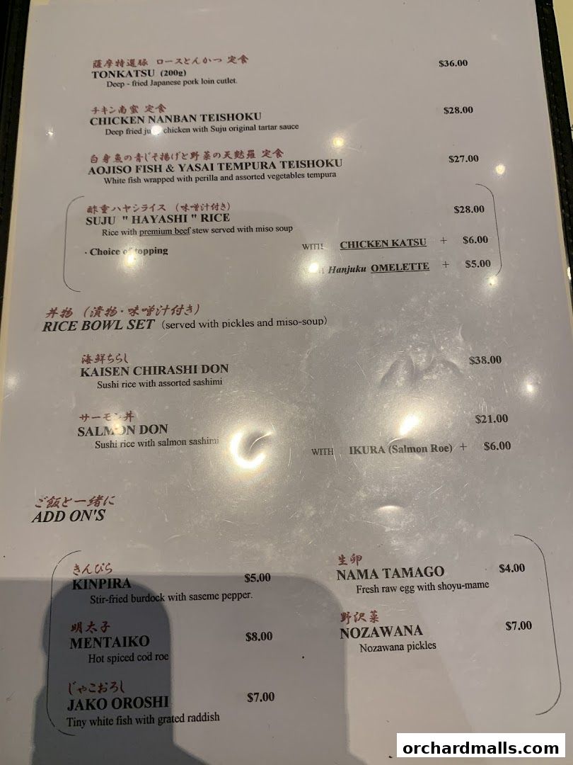 Menu page for Suju Masayuki Mandarin Gallery