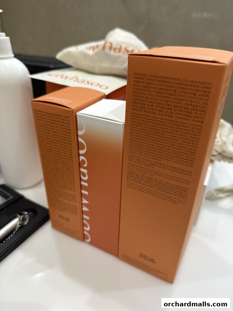 Sulwhasoo branded skincare products and packaging are displayed on a white surface.
